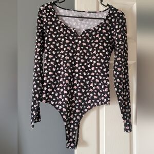 PINK Victoria's Secret Black Long-Sleeve Floral Bodysuit